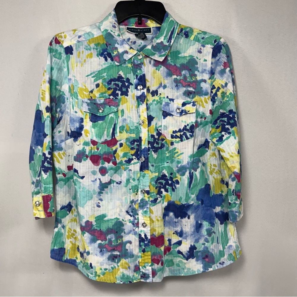 Watercolor Floral Karen Scott Petite Cotton Button Front Top Size LP Large Petit - Picture 2 of 8